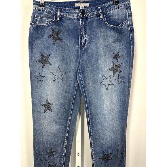 VIA RITINA Women's Denim Rhinestone Star Skinny Jeans Blue Size 10 - Picture 3 of 13